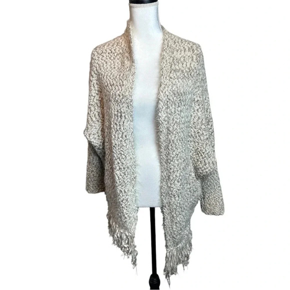 UMGEE Womens Open Front Cardigan Sweater Fringe Hem Cream Brown - Picture 2 of 10
